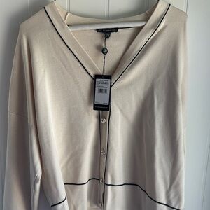 Adrianna Papell Cream Cardigan with Contrast Trim mock Pearl buttons
